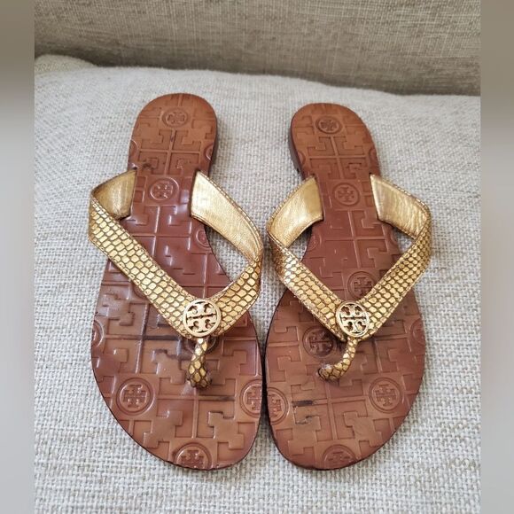 Tory Burch Thora Tumbled Gold Snake Print Sandals Sz 6 - Picture 1 of 10